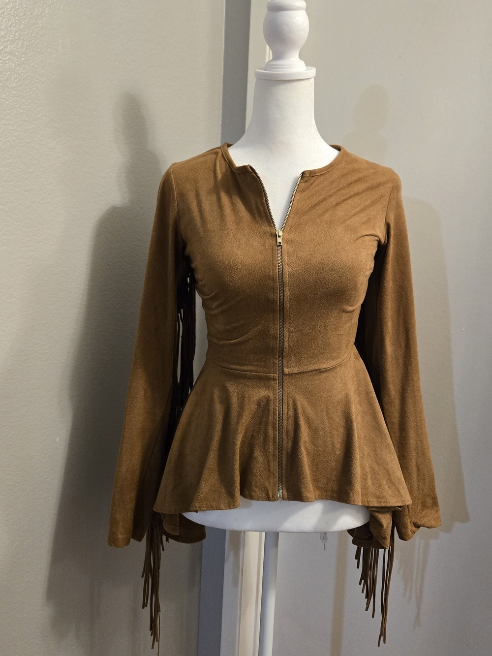 Brown Faux Suede-Look Zip Front Peplum Top with Fringe Sleeve Size Small
